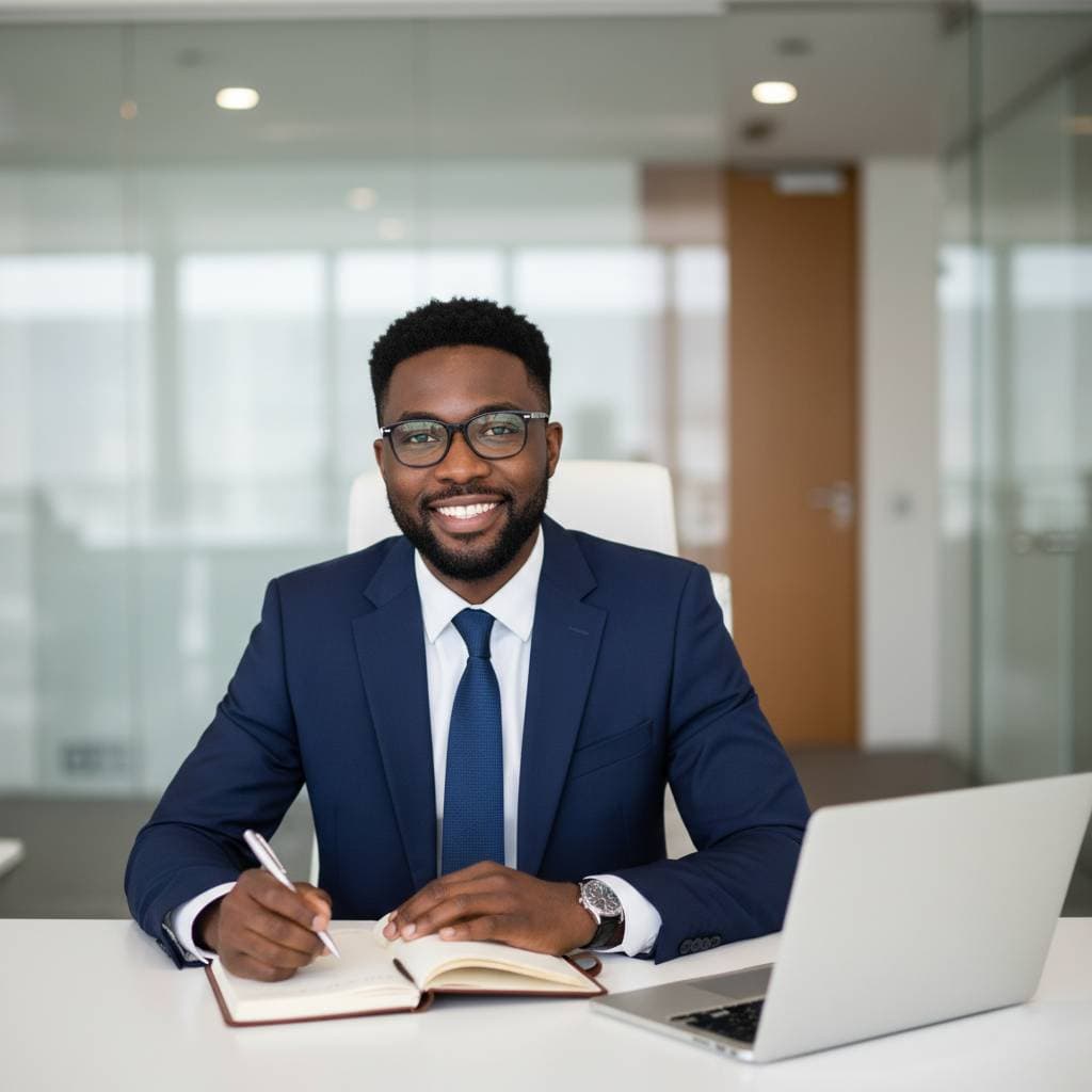 Smiling investor writing in notebook