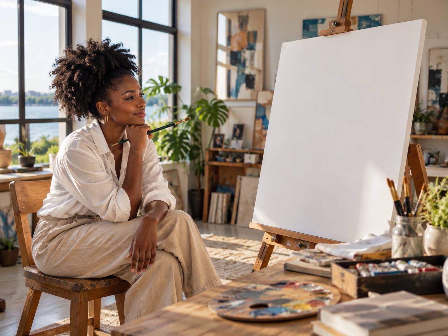 Someone sitting in front of an easel